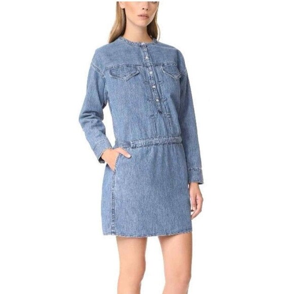 Rag & Bone Chest Pocket Blue Jean Denim Shirtdress Size Medium Pearl Snap - Picture 1 of 6